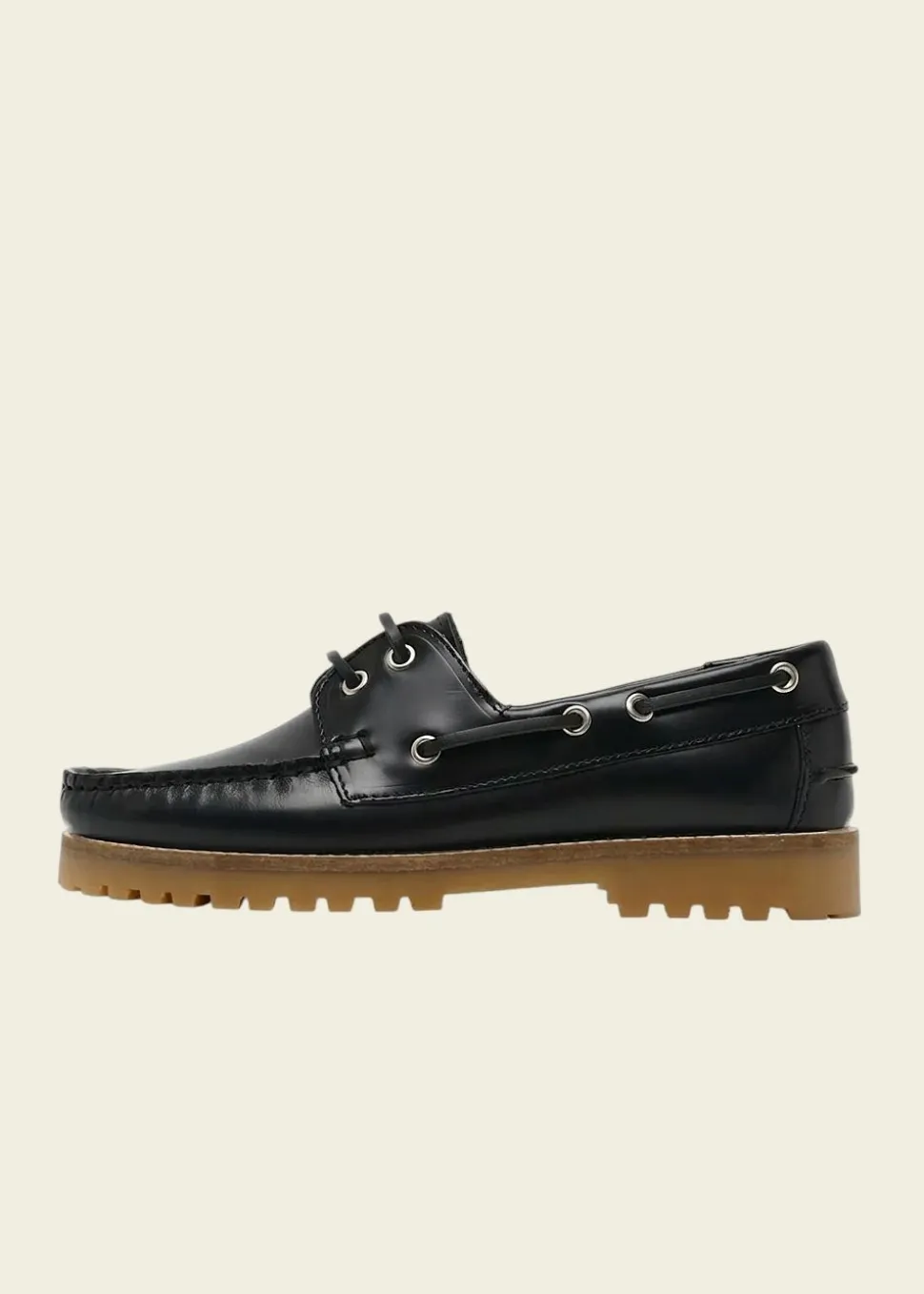 Chaussures bateau en cuir certifié | ollie boat shoe - black polido leather / gum sole