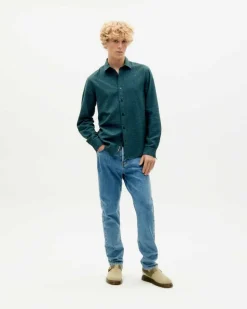 Chemise à carreaux en coton bio | bleu "bottle green checks seersucker thomas shirt"