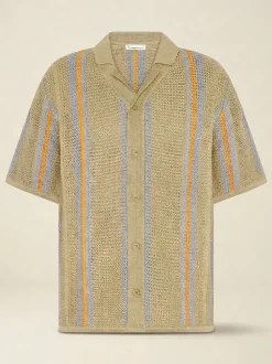 Chemise manches courtes maille en coton bio | striped knitted shirt beige stripe