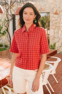 Chemise manches courtes seersucker en coton bio | rouge "red checks seersucker ane blouse"