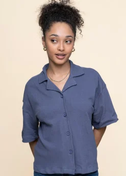 Chemise éponge en coton biologique | bleu "bouclé short sleeved shirt vintage indigo"