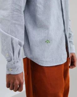 Chemise rayée col mao en coton bio | bleu 