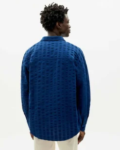 Chemise seersucker en coton bio | bleu "navy big seersucker haru shirt"