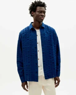 Chemise seersucker en coton bio | bleu "navy big seersucker haru shirt"