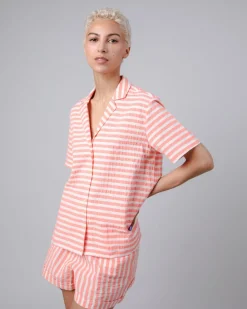 Chemisette en coton bio et recyclé | rayée rose "stripes aloha blouse vermillion red"