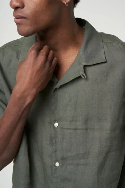 Chemisette olive en lin bio - box fit short sleeved linen burned olive