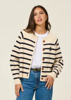 Gilet en coton bio | rayé "placed stripe knit cardigan - oatmilk-night sky"
