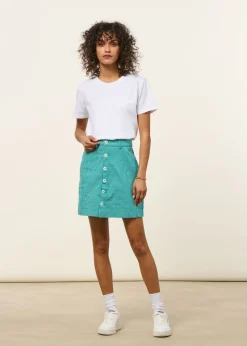 Jupe courte en coton bio et matières recyclées | turquoise "denim stripes mini skirt"