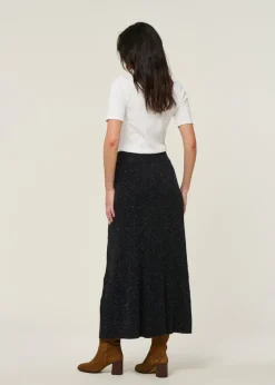 Jupe longue côtelée en coton bio et laine | noir "hanaa tweed - black-oatmilk"
