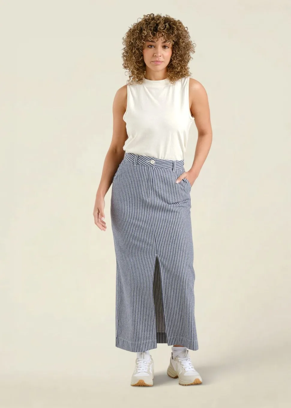 Jupe longue denim en coton bio | rayé "skirt finsta work stripe blue"