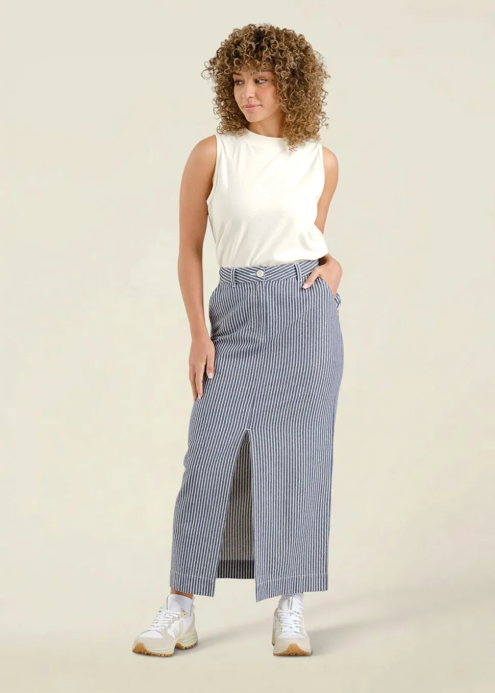 Jupe longue denim en coton bio | rayé "skirt finsta work stripe blue"