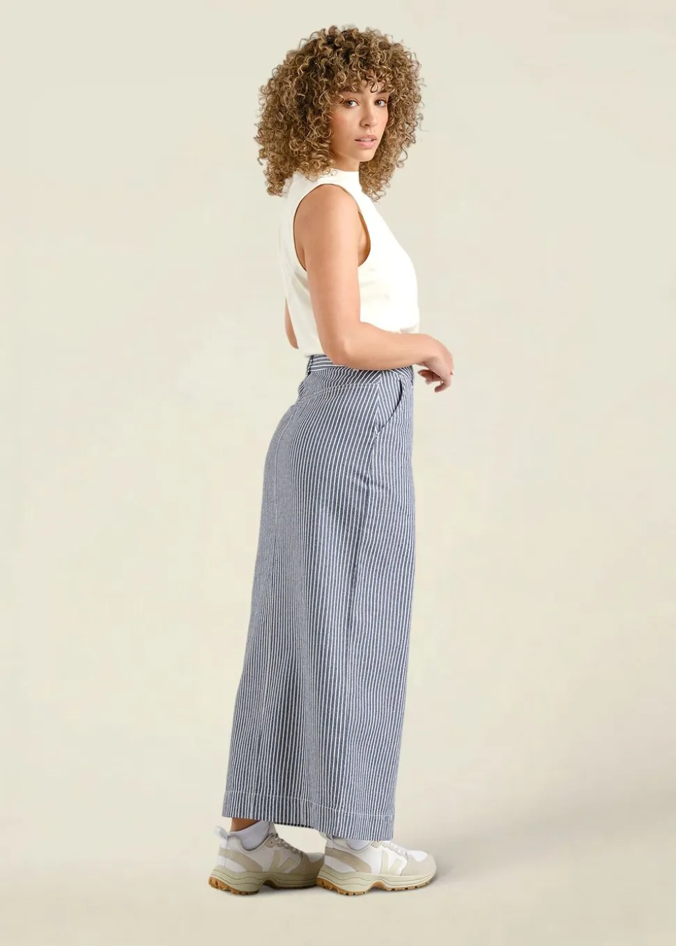 Jupe longue denim en coton bio | rayé "skirt finsta work stripe blue"