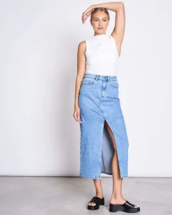 Jupe longue en denim de coton bio | bleu "luce light blue"