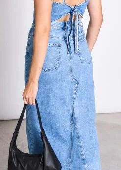 Jupe longue en denim de coton bio | bleu 