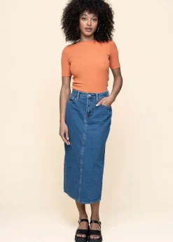 Jupe longue jean en coton bio | bleu 