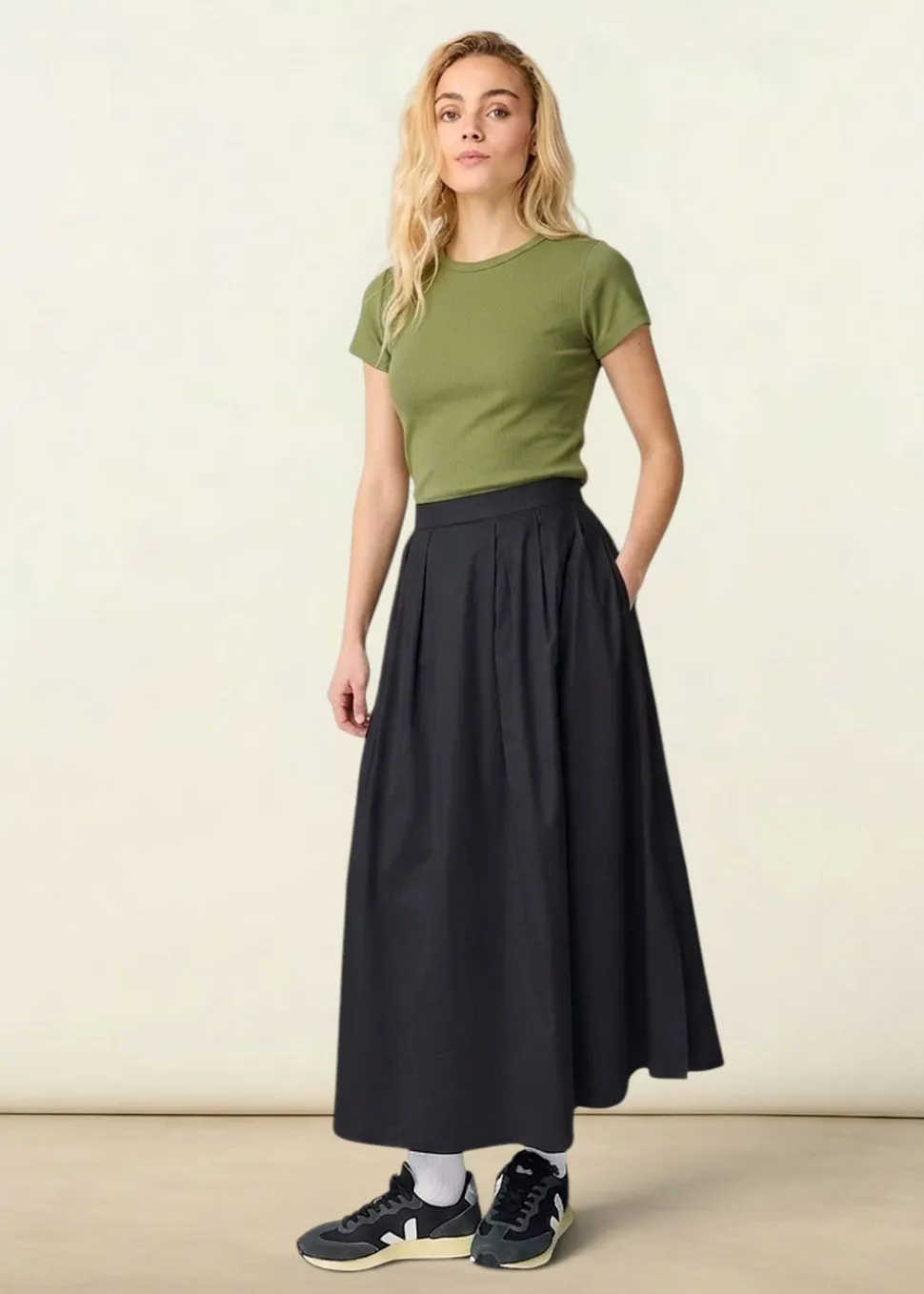 Jupe longue popeline en coton bio organic cotton pleated skirt - black jet