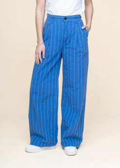 Pantalon ample rayé en coton bio | bleu 