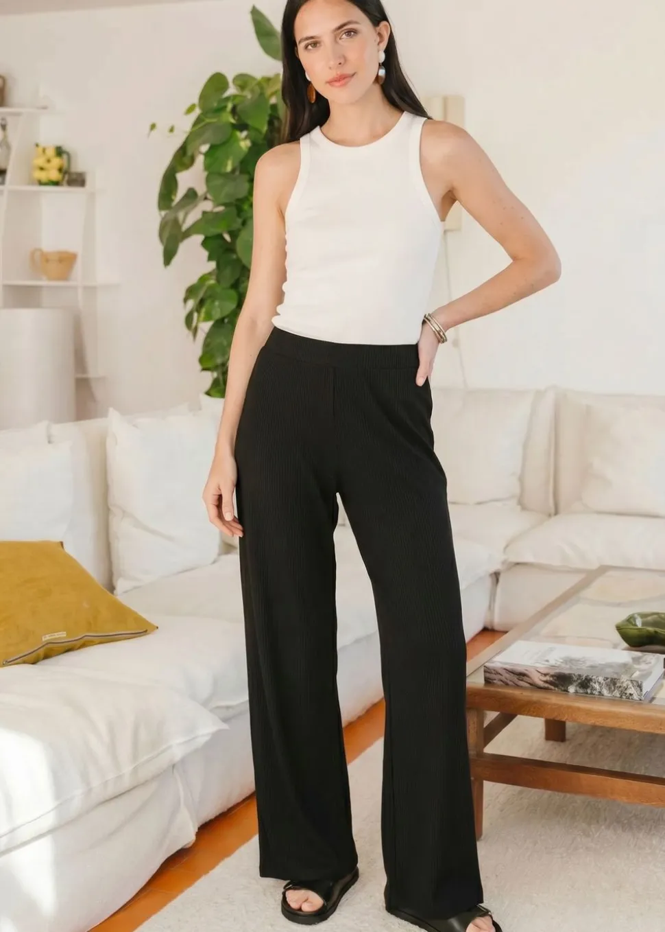Pantalon fluide en tencel côtelé taille élastiquée "tania" | noir