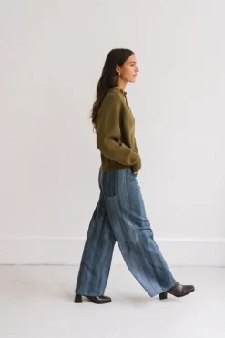 Pantalon large en coton bio | bleu 