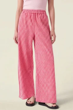 Pantalon léger en coton bio et polyester recyclé | vichy rouge rose "crush pants - vichy red pink"