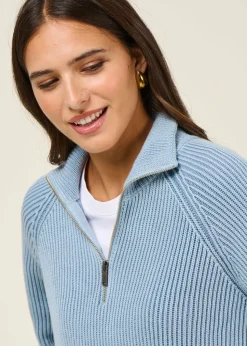 Pull col camionneur en coton bio | bleu clair "troyer vanisé knit sweater - dark blue glow"