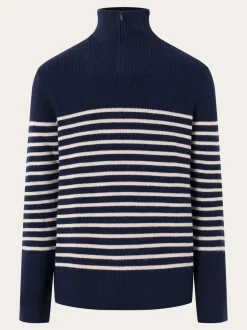 Pull col camionneur en laine bio | marine "1/2 neck zip merino wool rib knit blue stripe"