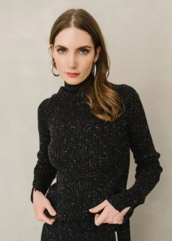 Pull côtelé en coton bio et laine | noir "alaania tweed - black-oatmilk"