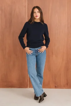 Pull droit en laine mérinos recyclée | marine