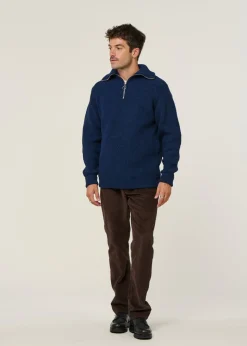 Pull maille col zippé en laine recyclée | bleu "heavy knit troyer wool-blend - blue melange"