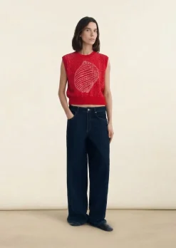 Pull sans manches en coton et matière recyclées | shell red aria knitted vest - red
