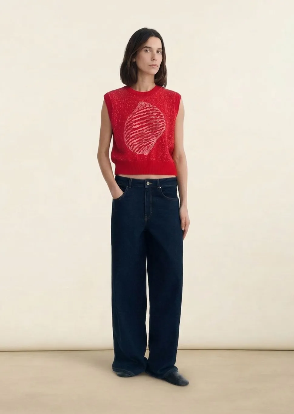 Pull sans manches en coton et matière recyclées | shell red aria knitted vest - red