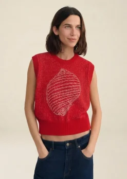 Pull sans manches en coton et matière recyclées | shell red aria knitted vest - red