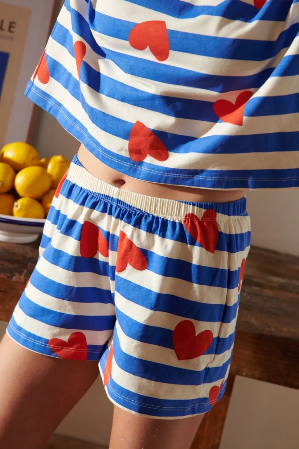 Pyjama en coton bio | marinière coeurs - bleu