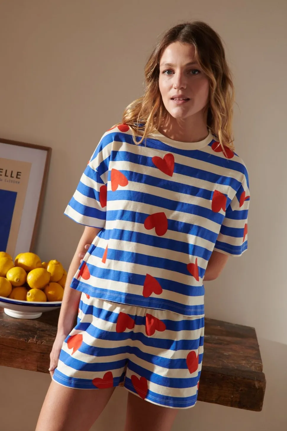 Pyjama en coton bio | marinière coeurs - bleu
