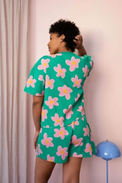 Pyjama gaufré en coton bio | multicolore "pyjama big flower - vert, rose" collab we are jolies x hindbag