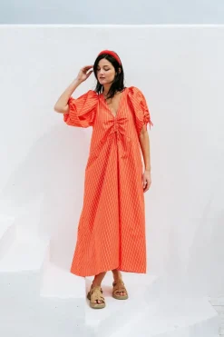 Robe en coton biologique | rouge "dans - cherry red/white striped"