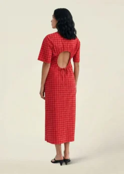 Robe longue seersucker en coton bio | rouge "red checks seersucker kina dress - red"