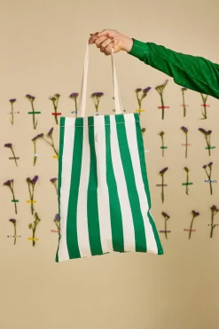 Sac cabas en coton bio | rayé "équilibre - vert gazon / vanille"