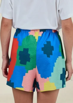 Short en seersucker coton bio et lyocell "maxi flower bali loose shorts - blue"