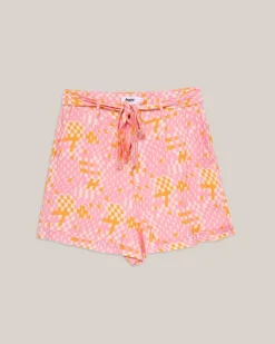 Short rose à motifs en ecovero et lin - dizzy belted short rose