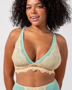Soutien gorge triangle en matière recyclée | bicolore lace mesh plunge bralette - peach / turquoise