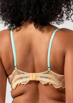 Soutien gorge triangle en matière recyclée | bicolore lace mesh plunge bralette - peach / turquoise