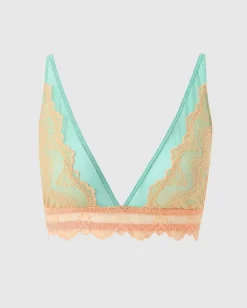 Soutien gorge triangle en matière recyclée | bicolore lace mesh plunge bralette - peach / turquoise