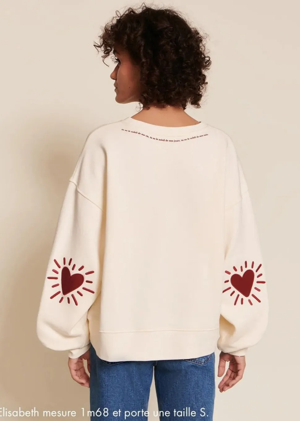 Sweat brodé en coton bio | crème "sweat cœur solaire femme avec coudières "