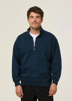 Sweat camionneur col zippé en coton bio | marine 