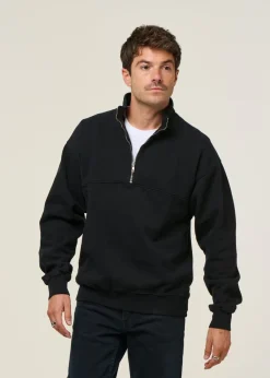 Sweat camionneur col zippé en coton bio | noir "deep black"