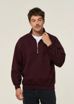 Sweat camionneur col zippé en coton bio | bordeaux 