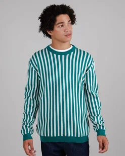 Sweat rayé en coton bio | bleu et blanc "stairs crew neck sweater dark ocean blue"