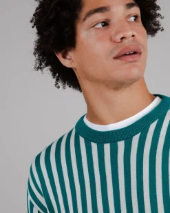 Sweat rayé en coton bio | bleu et blanc "stairs crew neck sweater dark ocean blue"