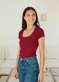 Tee-shirt col carré en tencel côtelé "nita" | framboise
